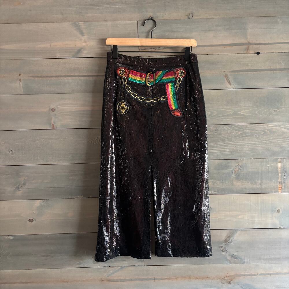 NWT Marco de Vincenzo Sequin Skirt Rainbow Belt Patch Double Slit Sz 40/US 4-6
